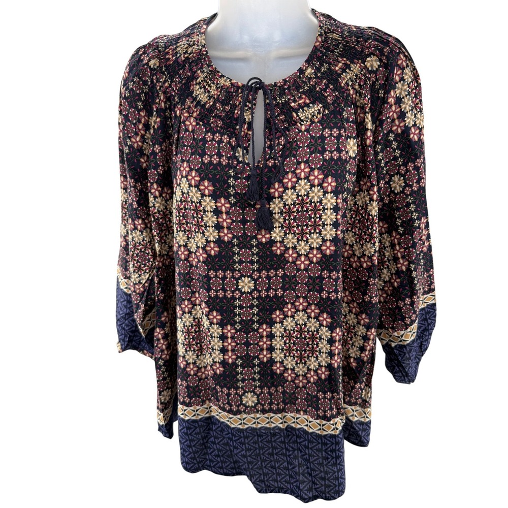 111 Tyhlo Anthropologie Smocked Neck‎ Tassel Floral Print Tunic Shirt Medium NEW